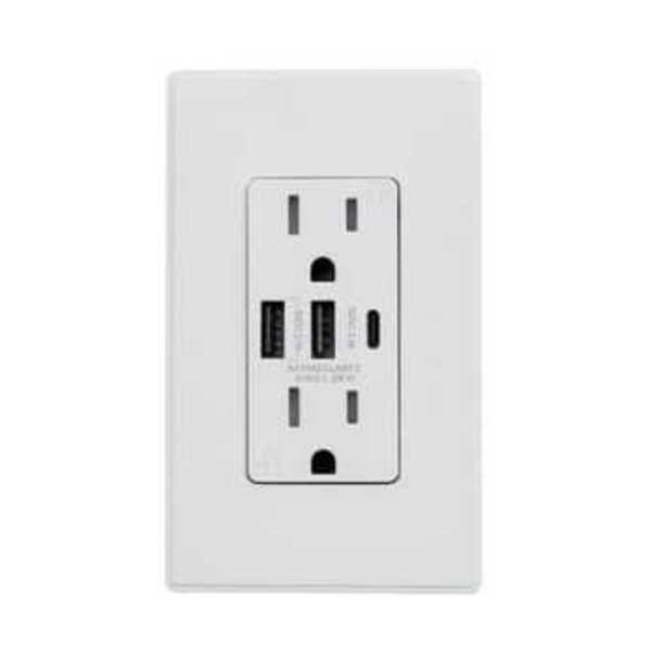 USI ELECTRIC INC USB Type A/C Chargers with 15A Tamper-Resistant Duplex Receptacle Wall Outlet