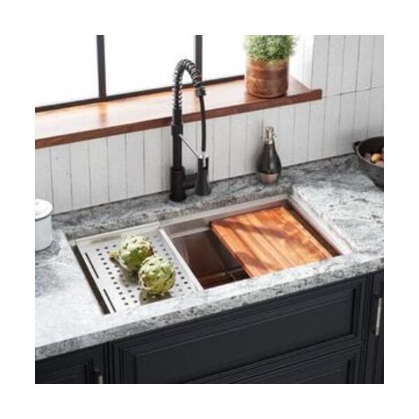 SIGNATURE HARDWARE 32 x 18 in. Stainless Steel Single Bowl Undermount Workstation Kitchen Sink with Sound Dampening - Includes Colander, Cutting Board, and Sink Grid