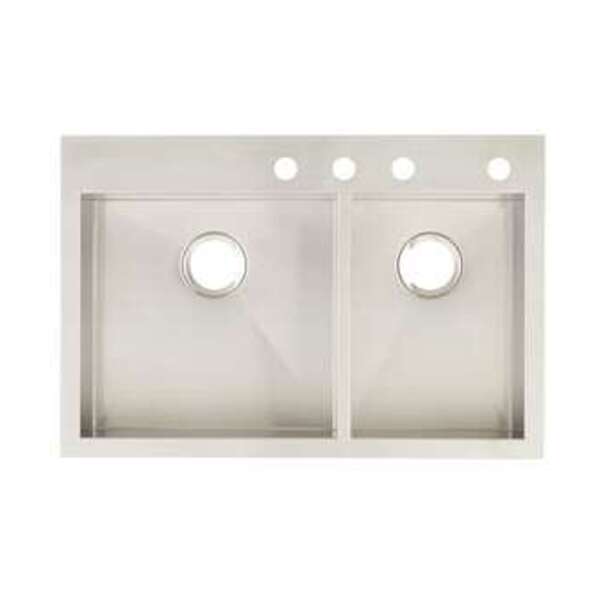 SIGNATURE HARDWARE 33 x 22 in. 4-Hole Stainless Steel Double Bowl Dual Mount Kitchen Sink in Brushed Stainless Steel