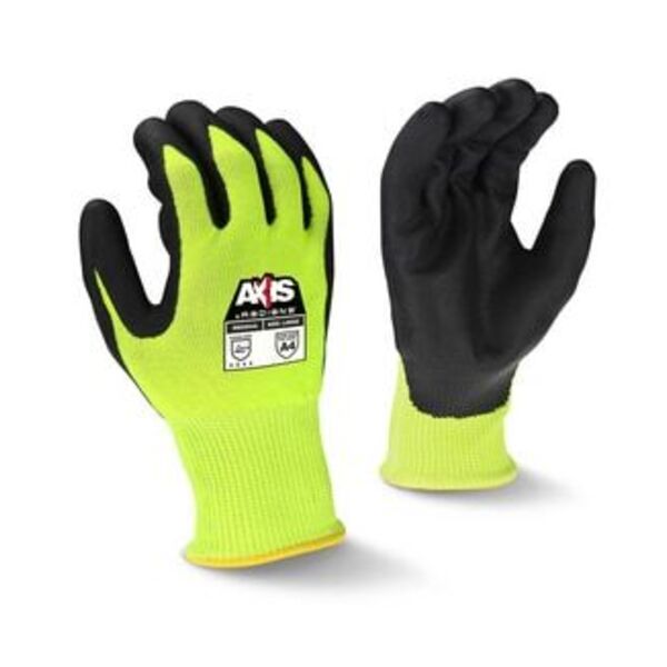 RADIANS INC ANSI CUT LEVEL A4 HI-VIS GREEN HPPE SHELL W/ FIBERGLASS BLACK FOAM NITRILE PALM COATING EN388: 4 X 4 2 D